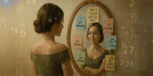 Woman looking into a mirror with positive affirmation notes, promoting confidence and self-love; motivational numerology-themed background with uplifting quotes.