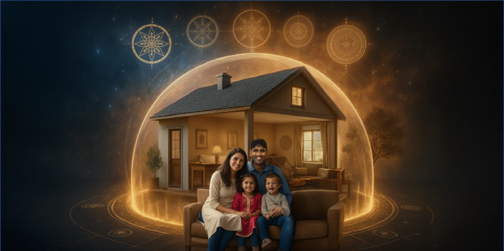 A smiling family of four sits on a sofa in front of a house protected by a glowing golden energy dome, with celestial and Vastu-style symbols floating in the night sky behind them.