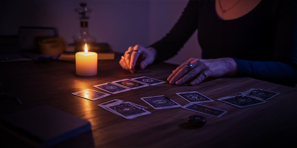 Best Tarot Card Reader in India offering intuitive tarot card reading with candlelight, spiritual guidance, and symbolic tarot spreads for life decisions.