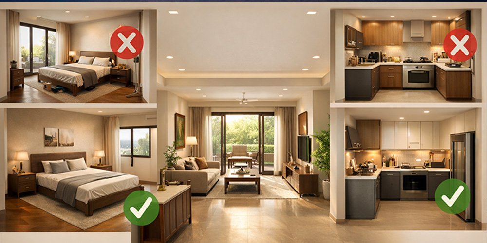 Vastu dos and don’ts in home layout with correct and incorrect bedroom and kitchen placements.