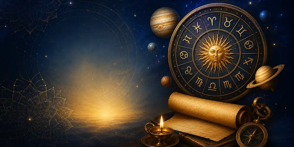 Vedic astrology chart with planetary symbols and sacred tools representing Atmakaraka and Darakaraka analysis