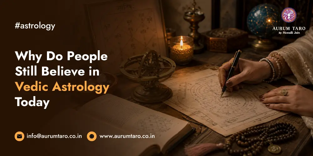 Woman's hand reading a Vedic astrology birth chart with zodiac symbols, planets, and spiritual elements representing personalised astrology guidance by Aurum Taro.